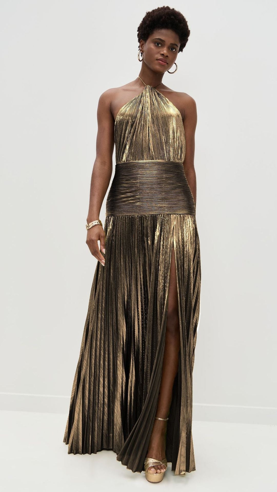 Katie | Trendy Metallic Plissé Halter Gown