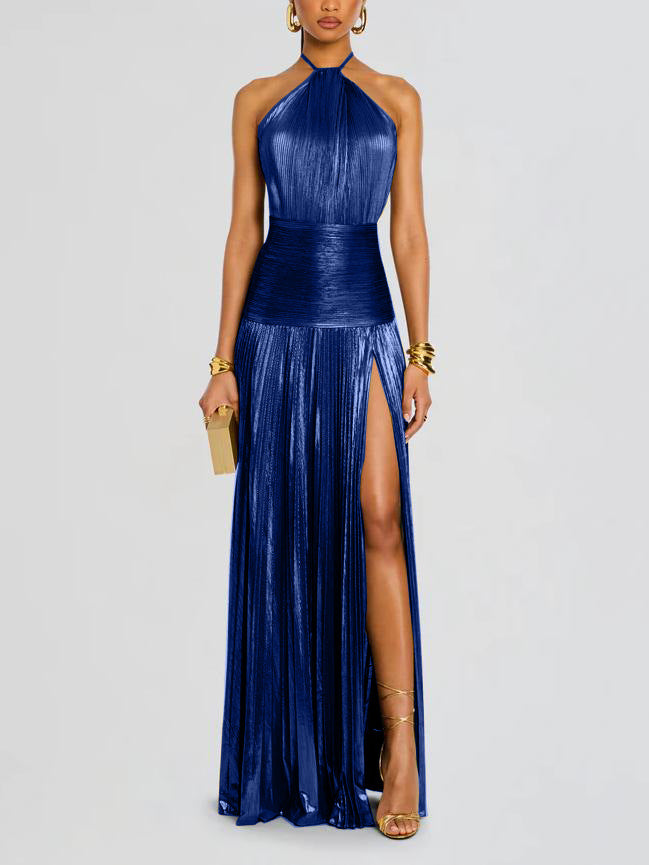 Katie | Trendy Metallic Plissé Halter Gown