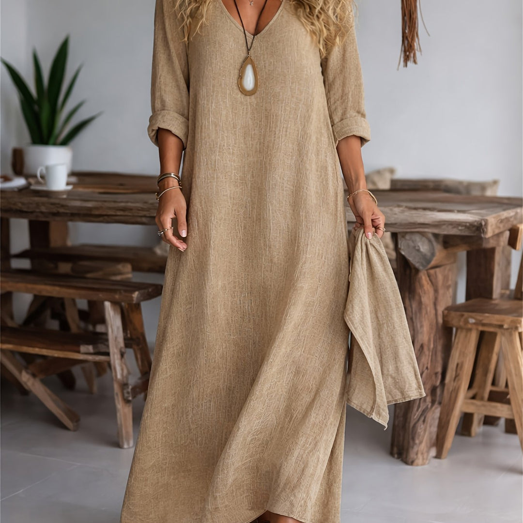 Clarisse | Women's V-neck Long Sleeve Solid Color Casual Loose Dress