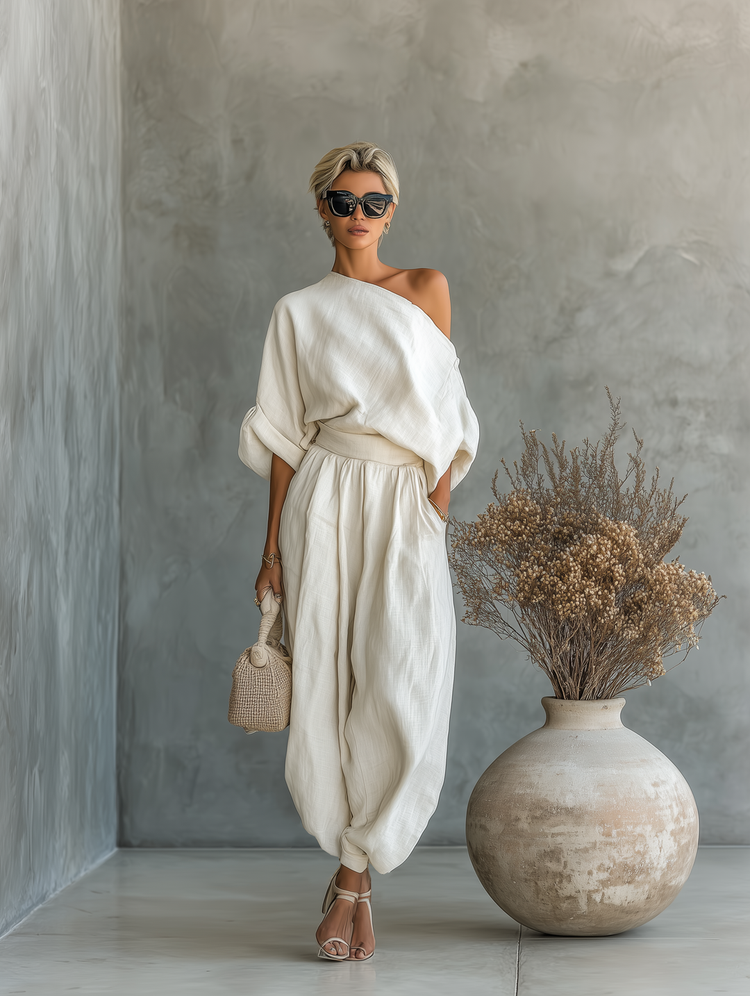 Off-White Linen Set with Off-Shoulder Top and Tapered Pants