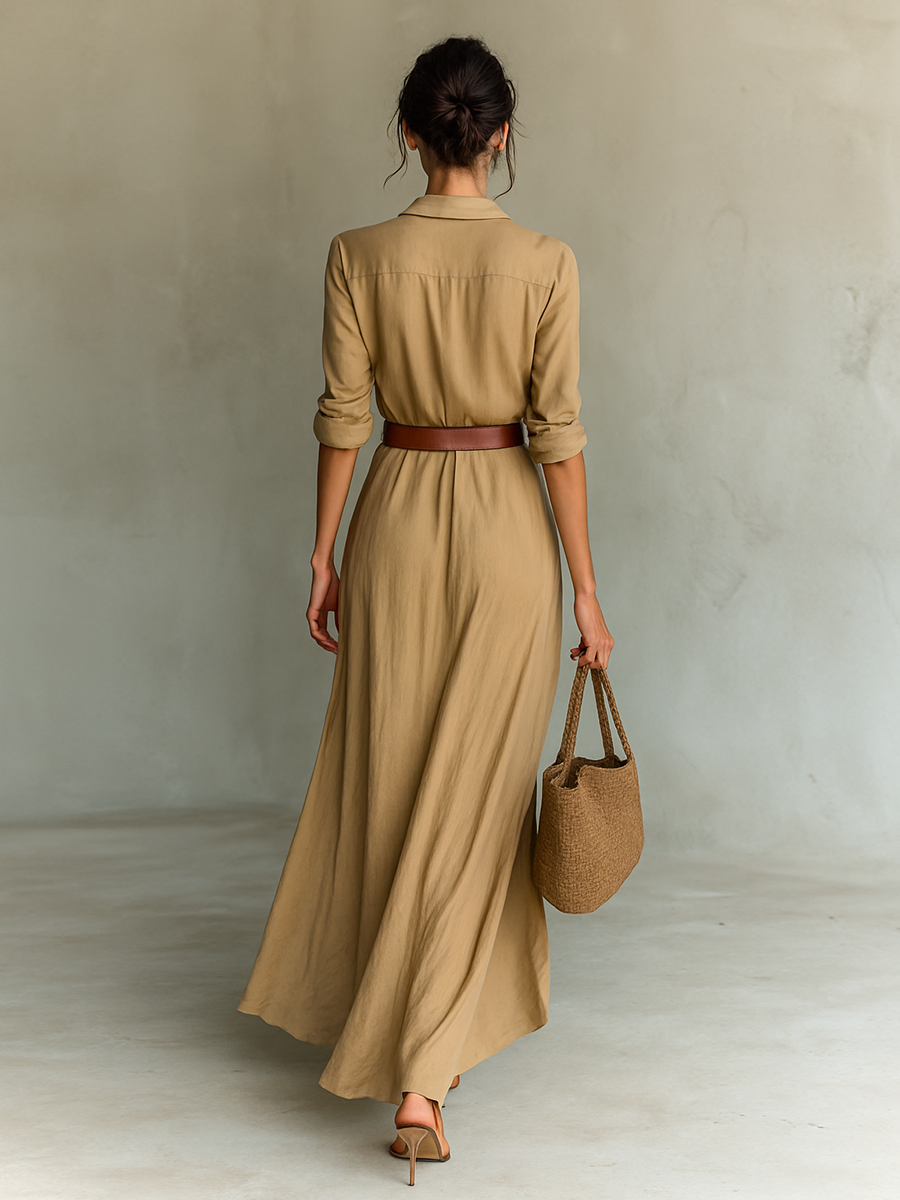 Mari | Maxi Dress with Notched Collar and Long Sleeves