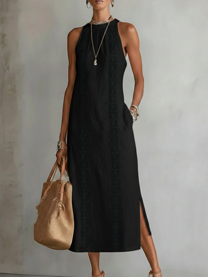 Jimena | Embroidered Mandarin Collar Midi Dress