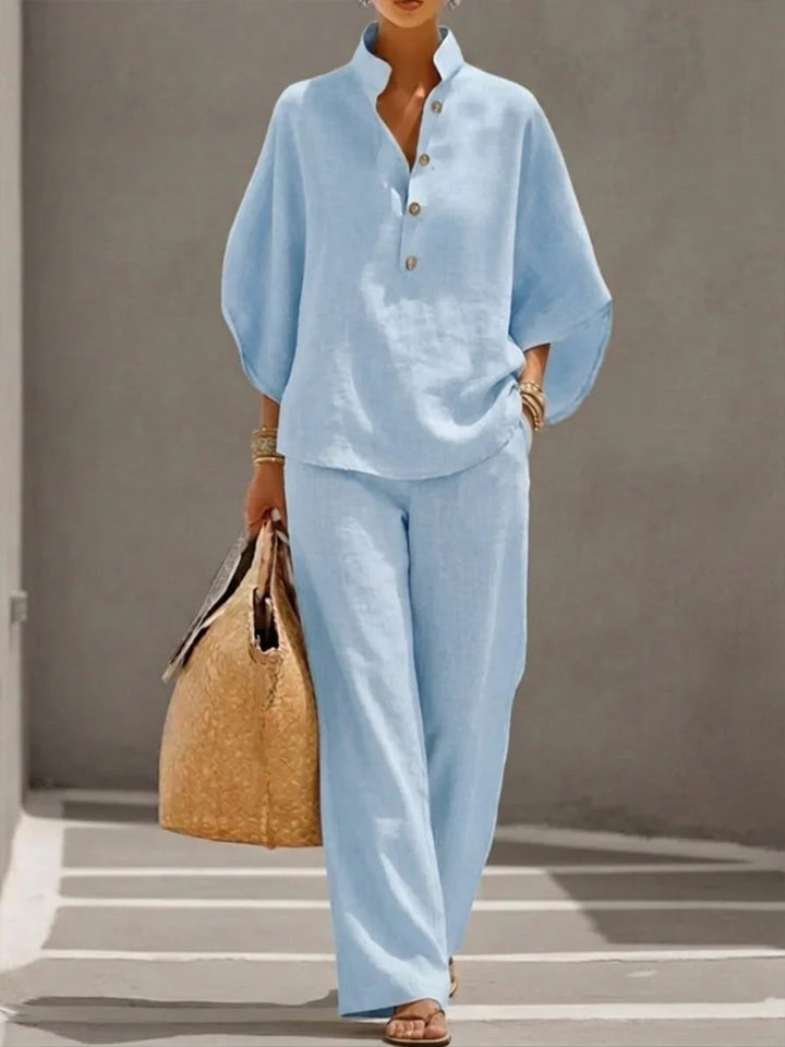 Michelle | Linen Batwing Sleeve Top & Wide-Leg Pants Set