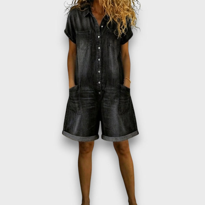 Joan | Short Cotton Denim Effect Overalls