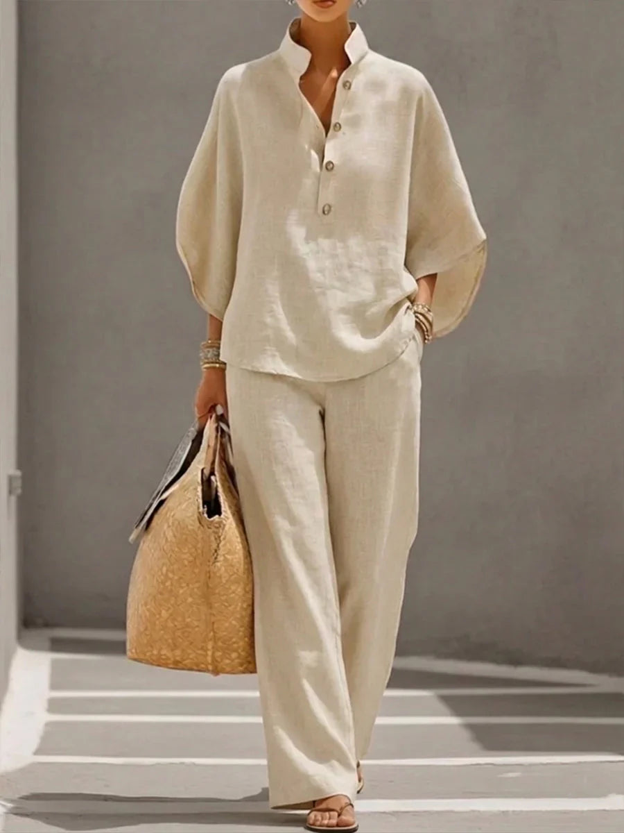 Michelle | Linen Batwing Sleeve Top & Wide-Leg Pants Set