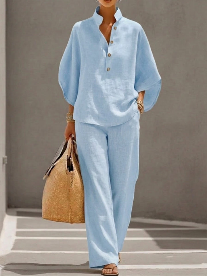 Eszter – Cotton-linen set with batwing sleeves and wide-leg trousers